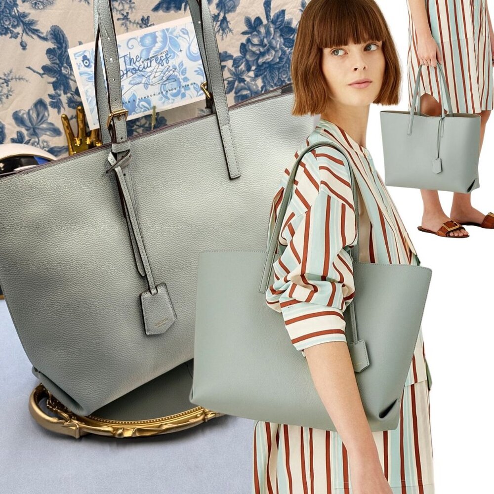🆕 OROTON 🧿 NWOT Margot Medium Zip Tote Bag, Duck Egg Pebbled Leather